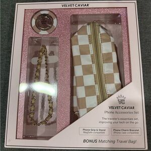 Velvet Caviar Checkered Phone Accessories Set in Cream and Tan